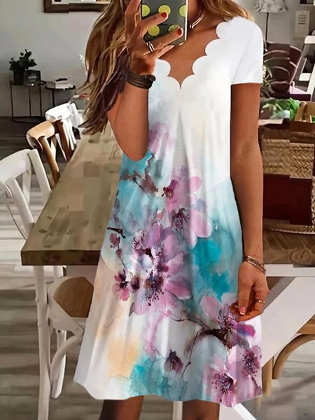 

Casual Floral V Neck Short Sleeve A-line Dress, White, Mini Dresses