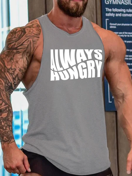 

Always Hungry Funny Cotton Blends Letter Sleeveless Knit, Gray, Tank Tops