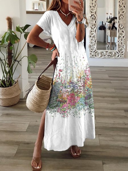 

Casual V neck Loosen Short Sleeve Knit Dress, As picture, Maxi Dresses