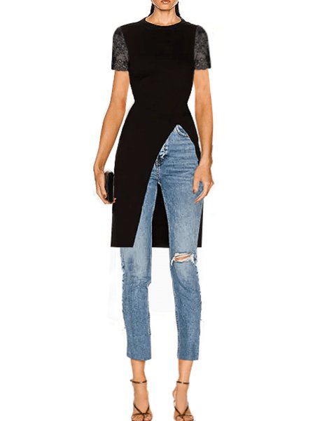 

Summer Lightweight Elegant Short Sleeve Daily High Stretch Top, Black, Tees