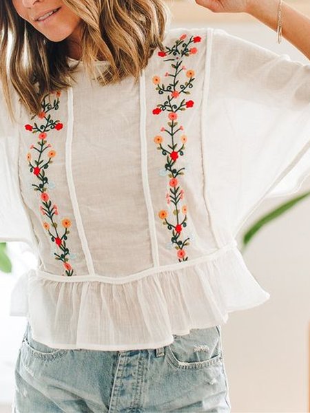 

Cotton Linen Style Floral Print Summer New Bestseller Women's Short Sleeve Top, Multicolor, Shirts & Blouses