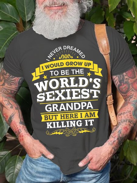 Mens Funny Grandpa T Shirt Gift Idea World'S Sexiest Grandpa Casual Cotton Short Sleeve T-Shirt, Deep gray, T-shirts