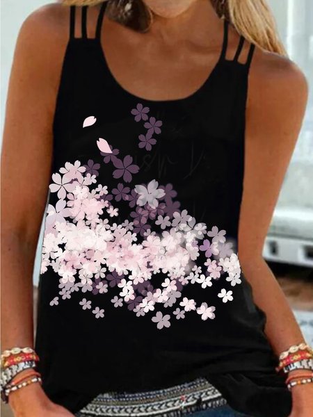 

Pink Floral Printed Holiday Daily Round Neck, Black, Tops