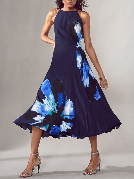

Vacation Floral Sleeveless Woven Dress, Blue, Maxi Dresses
