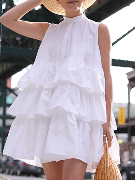 

Solid Vacation A-line Sleeveless Woven Dress, White, Mini Dresses