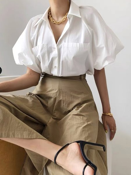 

Puff Sleeve Shirt Collar Loosen Blouse, White, Blouses and Shirts