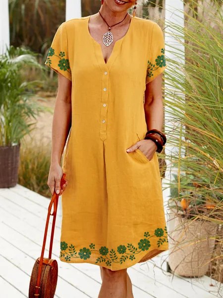 

Notched Loosen Short Sleeve Woven Dress, Yellow, Dresses