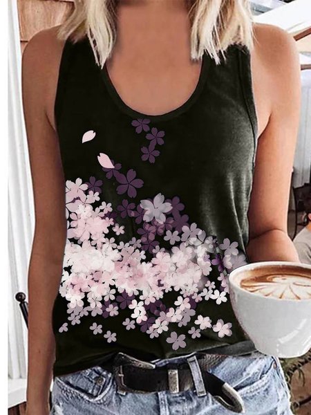 

Round Neck Casual Floral Knit, Black, Tank Top