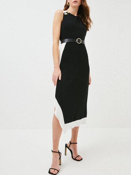 

Slim Fit Elegant Sleeveless Knitting Dress, Black-white, Midi Dresses