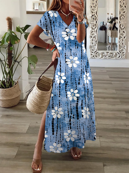 

Floral Casual V Neck Short Sleeve Knit Dress, Blue, Dresses