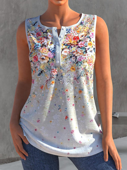 

Loosen Henley Floral Short Sleeve Tops, As picture, Tops