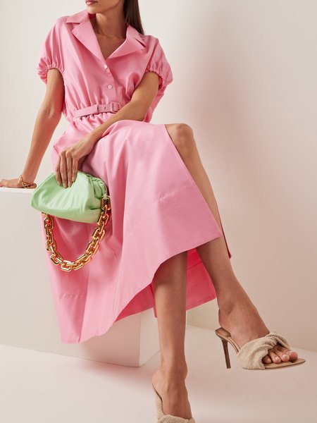 

Summer Lightweight Plain Elegant Loosen Short Sleeve Woven Daily Dress, Pink, Midi Dresses