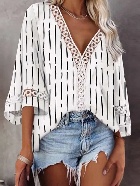 

Casual V Neck Striped Short Sleeve Tops, White, Tops