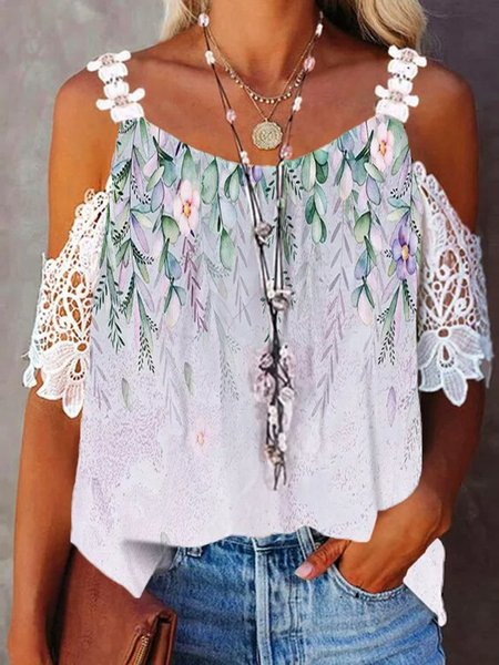 

Floral Off The Shoulder Lace Loosen Short Sleeve Tops, As picture, Tops