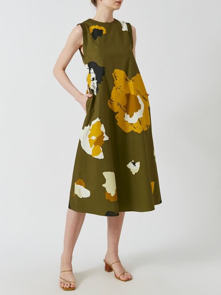 

Vacation Crew Neck Floral Sleeveless Woven Dresses, Green, Midi Dresses