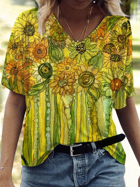 Floral Illustration Design V-Neck Loose T-Shirt, Yellow, T-Shirts