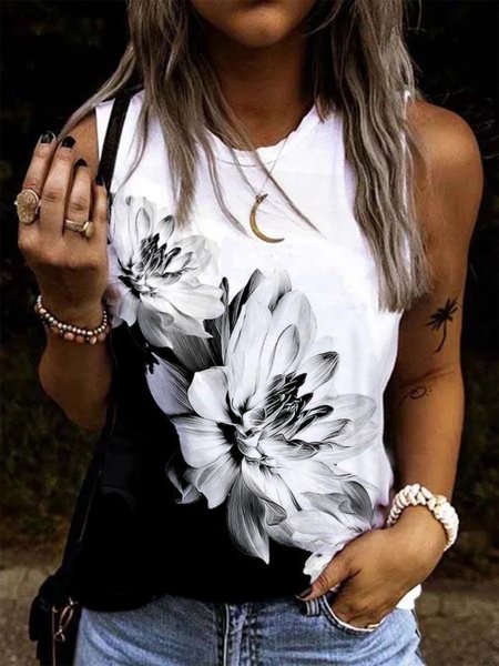 

Casual Crew Neck Floral Sleeveless Loosen Knit, As picture, Tank Top