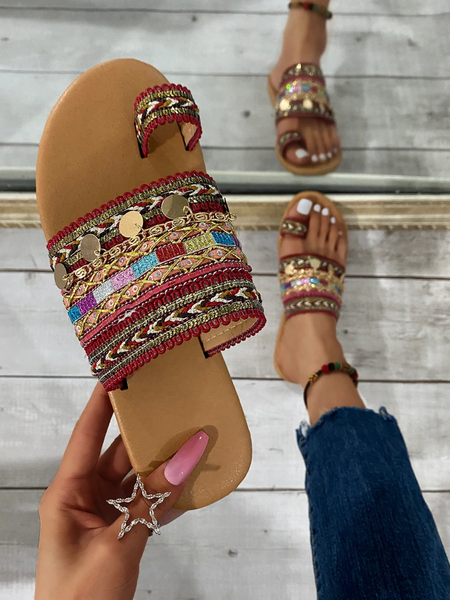 

Woven Ethnic Pattern Sequined Thong Boho Slippers, Red, Sandals & Slippers