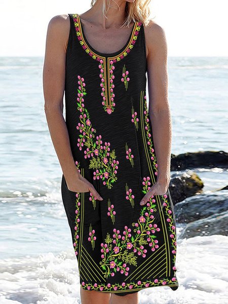 

Casual Geometric Printed Sleeveless U-neck Knee-length Dresses, Black, Dresses