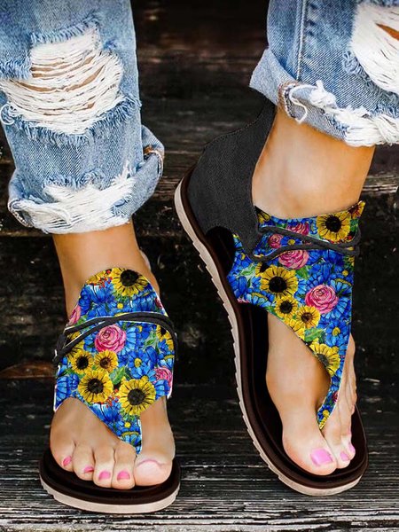 

JFN Sunflower Orchid Rose Vintage Thong Sandals, As picture, Sandals