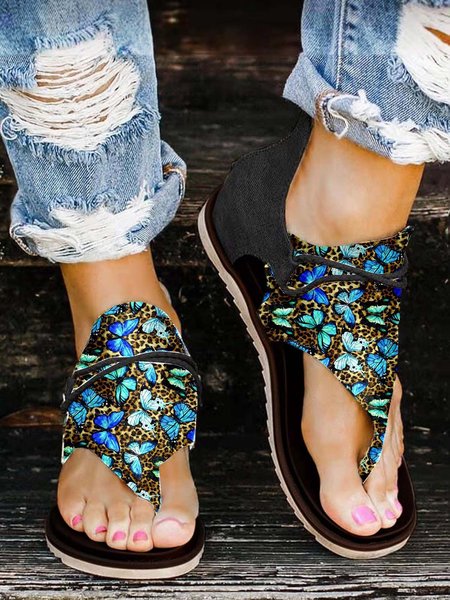 

Blue Leopard Vintage Thong Sandals, As picture, Sandals
