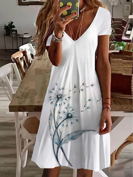 

Casual Dandelion V neck Short Sleeve Knit Dress, White, Mini Dresses