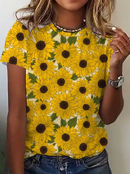 

Casual Sunflower Short Sleeve Round Neck Plus Size Printed Tops T-shirts, Yellow, T-Shirts