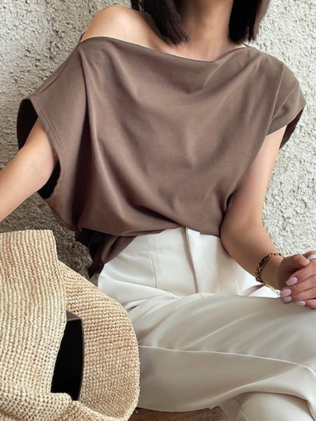 

Casual Solid Short Sleeve Off The Shoulder Top, Brown, Tops
