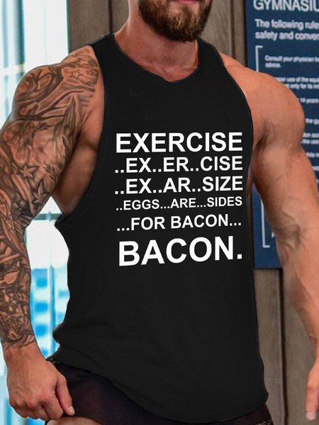 Exercise Bacon Funny Crew Neck Top, Black, Tank Tops