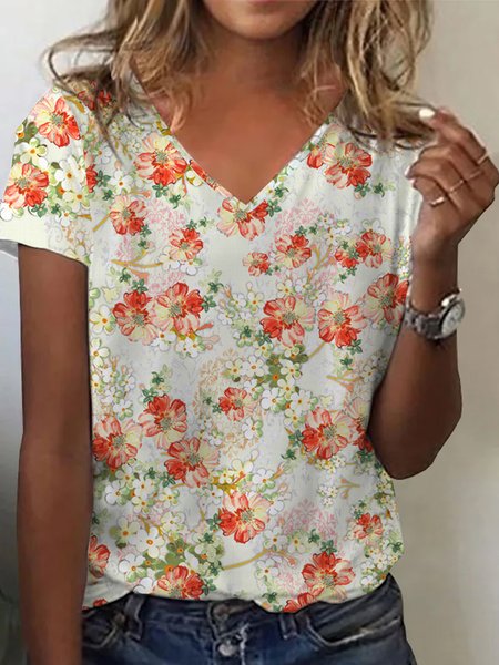 

Casual V Neck Floral Short Sleeve T-Shirt, Orange, T-Shirts