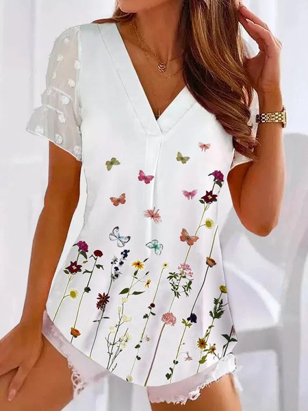 

Loosen V Neck Casual Short Sleeve Tops, White, Tops