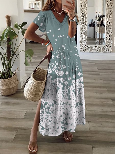 

Floral Short Sleeve V Neck Plus Size Casual Dresses, Green, Maxi Dresses