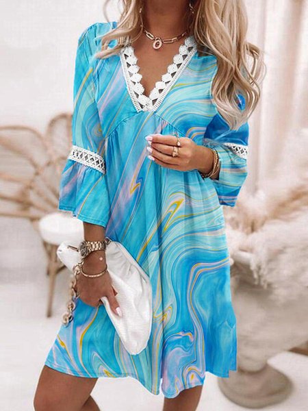

Abstract Art Printed V Neck Casual Lace Three Quarter A-line Dress, Blue, Mini Dresses
