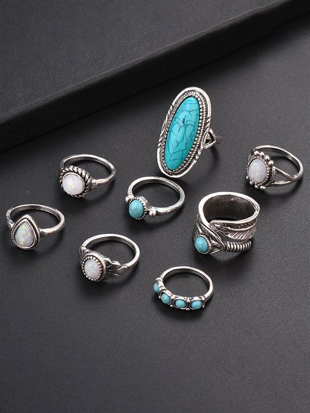 

8PC Ethnic Style Vintage Leaf Turquoise Gemstone Rings Set, As picture, Ring