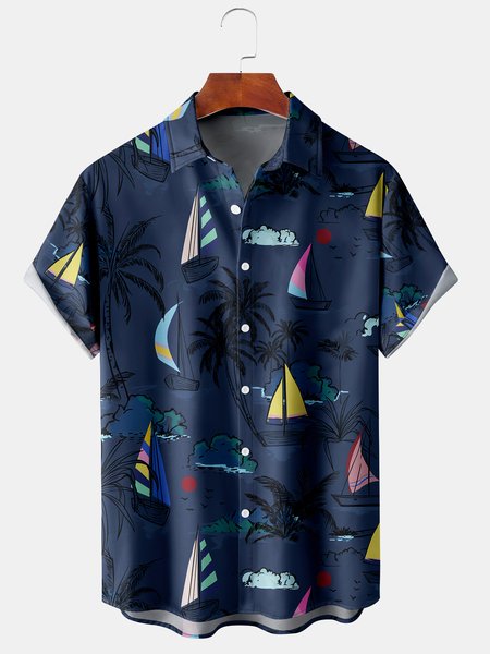 

Men's Casual Breathable Short Sleeve Hawaiian Shirt, Purplish blue, Men's Floral shirt