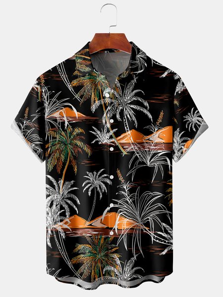 

Men's Botanical Print Casual Breathable Short Sleeve Hawaiian Shirt, Black, Men's Floral shirt
