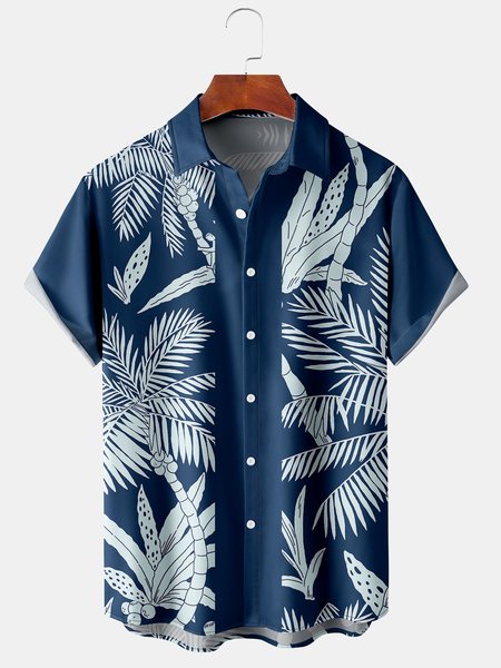 

Men's Botanical Print Casual Breathable Short Sleeve Hawaiian Shirt, Purplish blue, Men's Floral shirt
