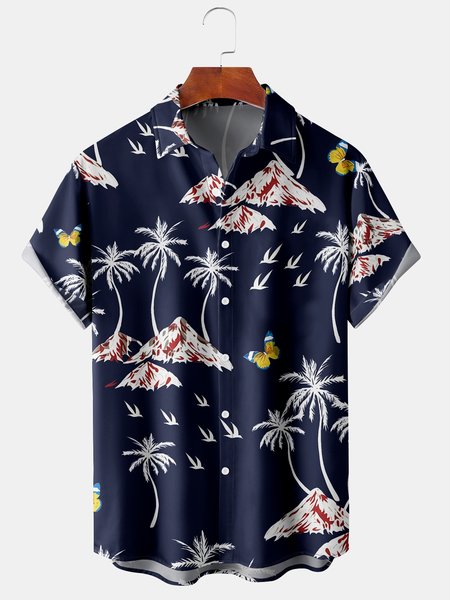 

Men's Botanical Print Casual Breathable Short Sleeve Hawaiian Shirt, Deep blue, Men's Floral shirt