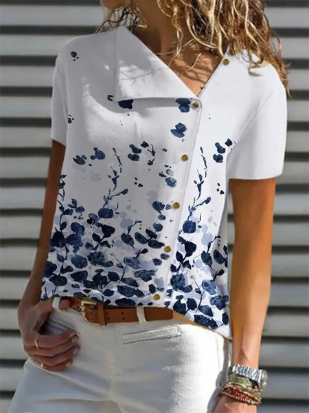 Floral Short Sleeve Buttoned Lapel Plus Size Casual Tops, White-blue, Tops