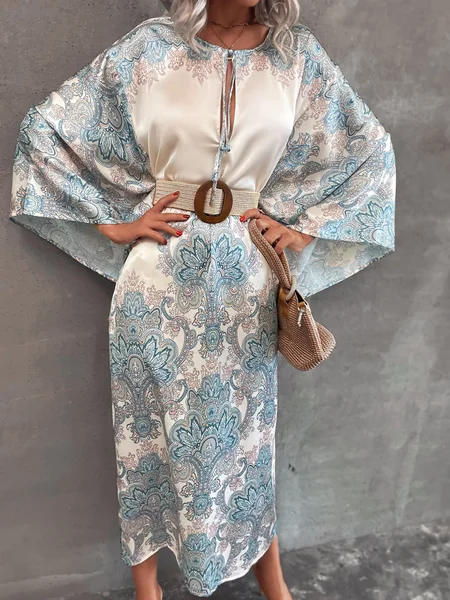 

Crew Neck Vacation Long Sleeve Woven Midi Dress, Light blue, Midi Dresses