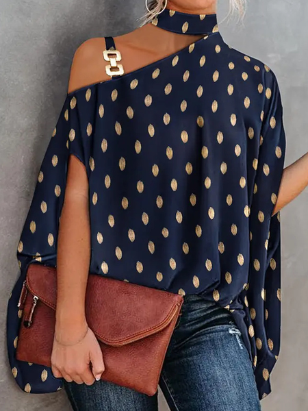 

Casual High Neck Short Sleeve Tops, Navyblue, Tops