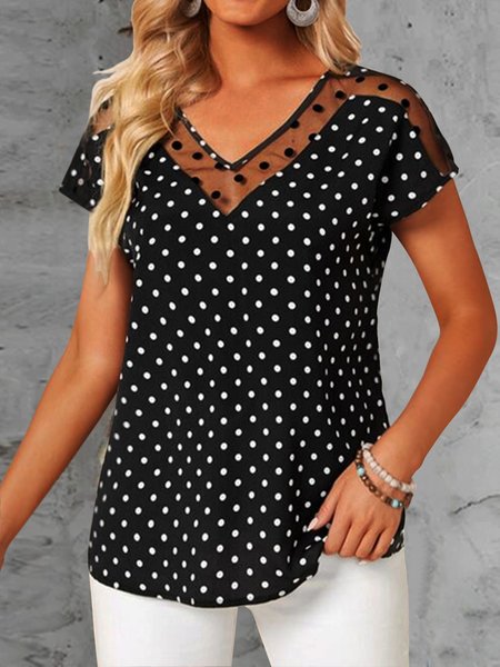 

Polka Dots Short Sleeve T-Shirt, Black, Tops