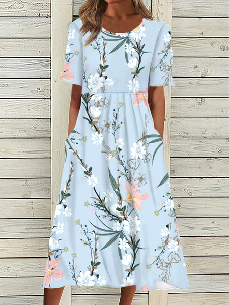 Floral Short Sleeve Woven Dress, Light blue, Midi Dresses