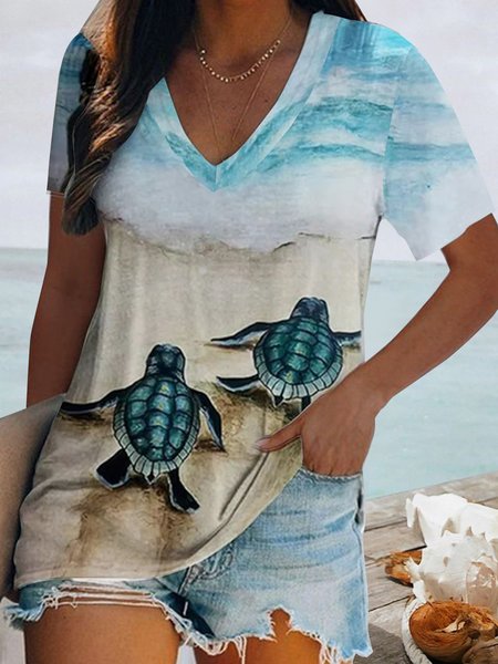 

JFN V Neck Ocean Animal Vacation T-Shirt/Tee, Sky blue, T-Shirts