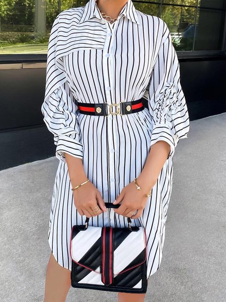 

Daily Striped Shirt Collar Long Sleeve Knee Dress, Black-white, Mini Dresses