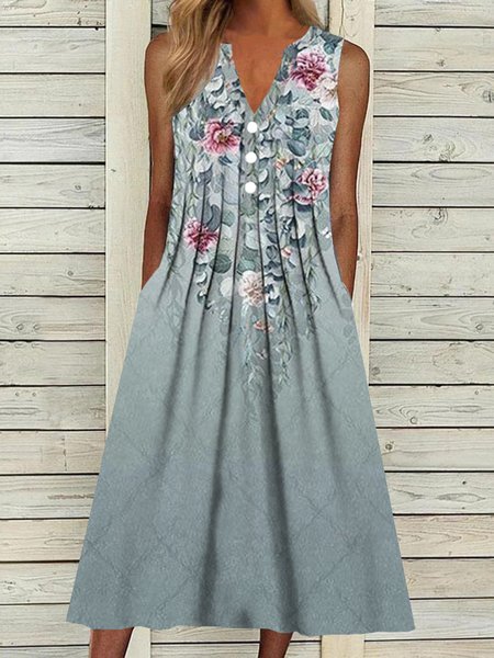 V Neck Loosen Casual Short Sleeve Woven Dress, Blue, Midi Dresses