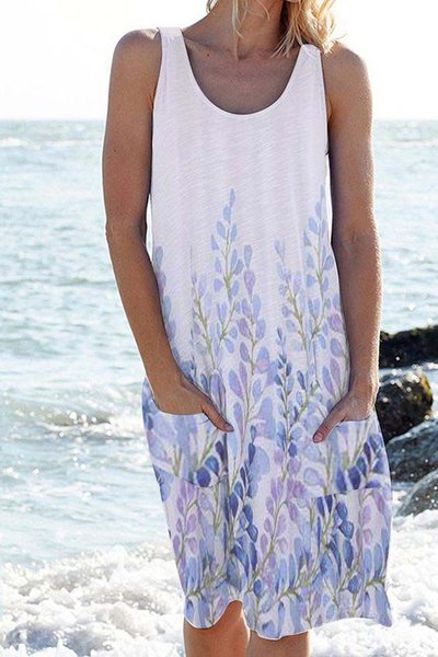 

Regular Fit Casual Floral Sleeveless Knitting Dresses, Blue, Mini Dresses