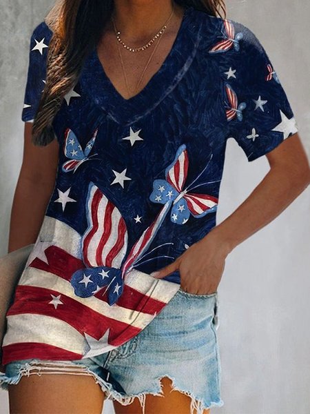 

Flag Printed Casual V Neck Short Sleeve Loosen T-Shirt, Deep blue, T-Shirts