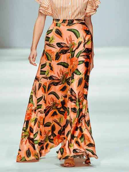 

Summer Lightweight Zipper fly A LineA Floral Loosen Long Skirt, Orange, Maxi Skirts