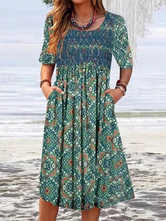 

Tribal Casual Short Sleeve Woven Dress, Green, Dresses